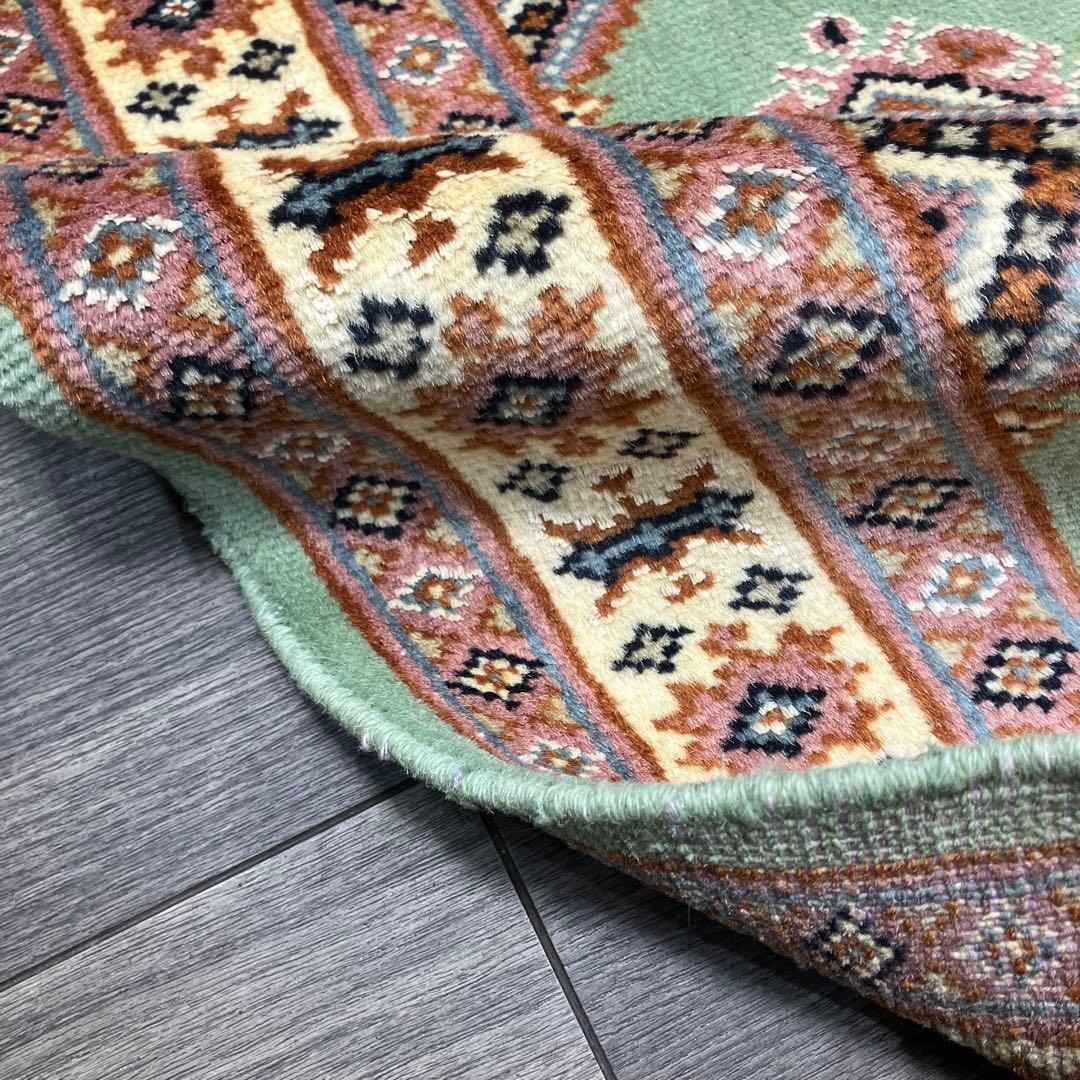 99x65cmパキスタン手織り絨毯ライトグリーンの色合い玄関マット