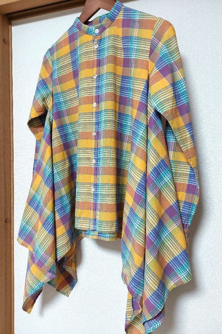 KAPITAL　ノーカラー変形チェックシャツ　S　日本製　美品✨