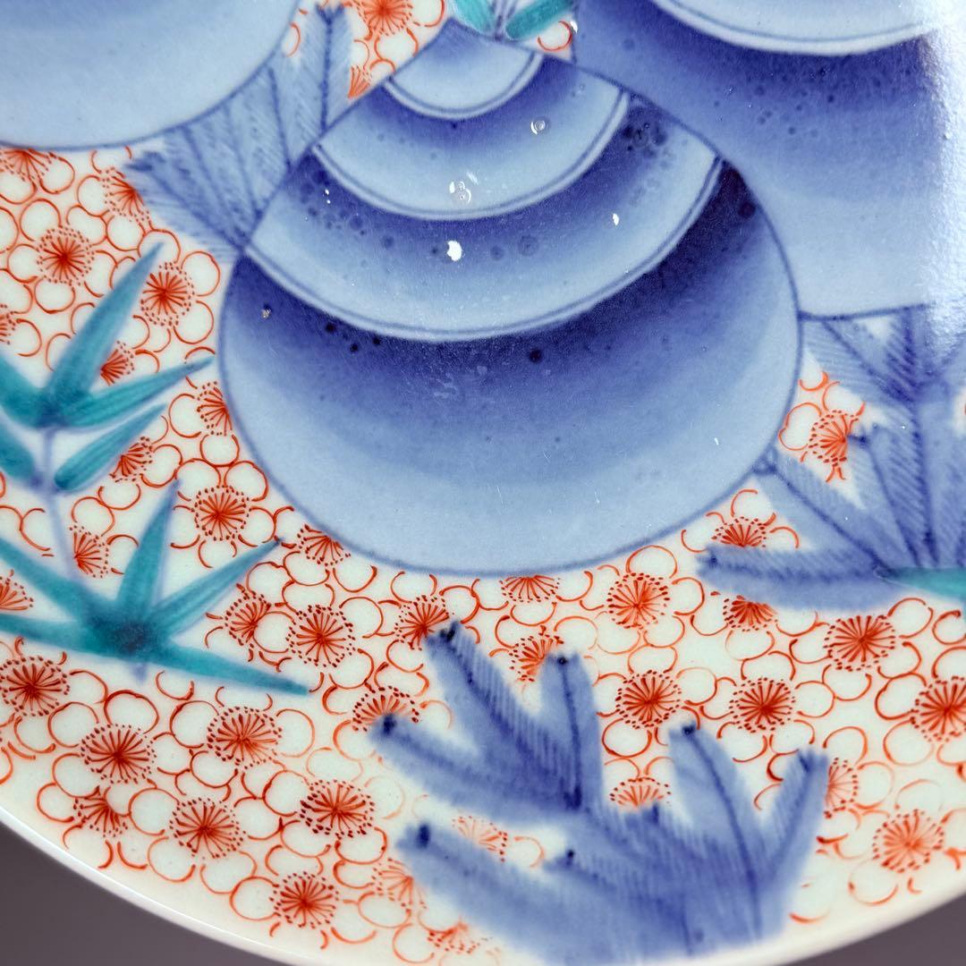 後期鍋島　献上品　色絵宝珠文高台皿　櫛文様高台　共箱　赤絵　桜文様