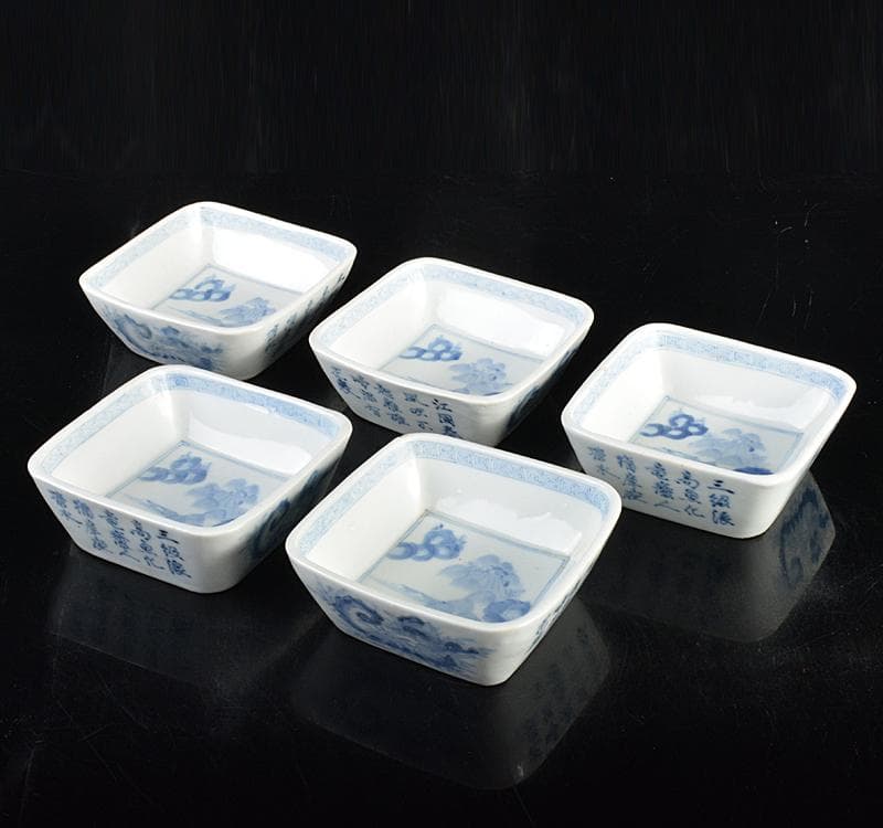 中国　宣嘉年製款　青花　漢詩山水雲龍文　四方小鉢　5客　M R4632