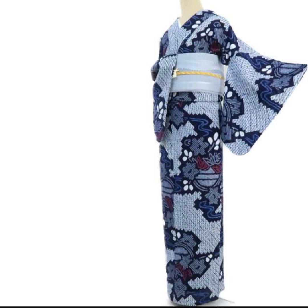 洗える夏着物 綿『ネイビーブルー×葉』トールサイズ 有松鳴海絞り 浴衣