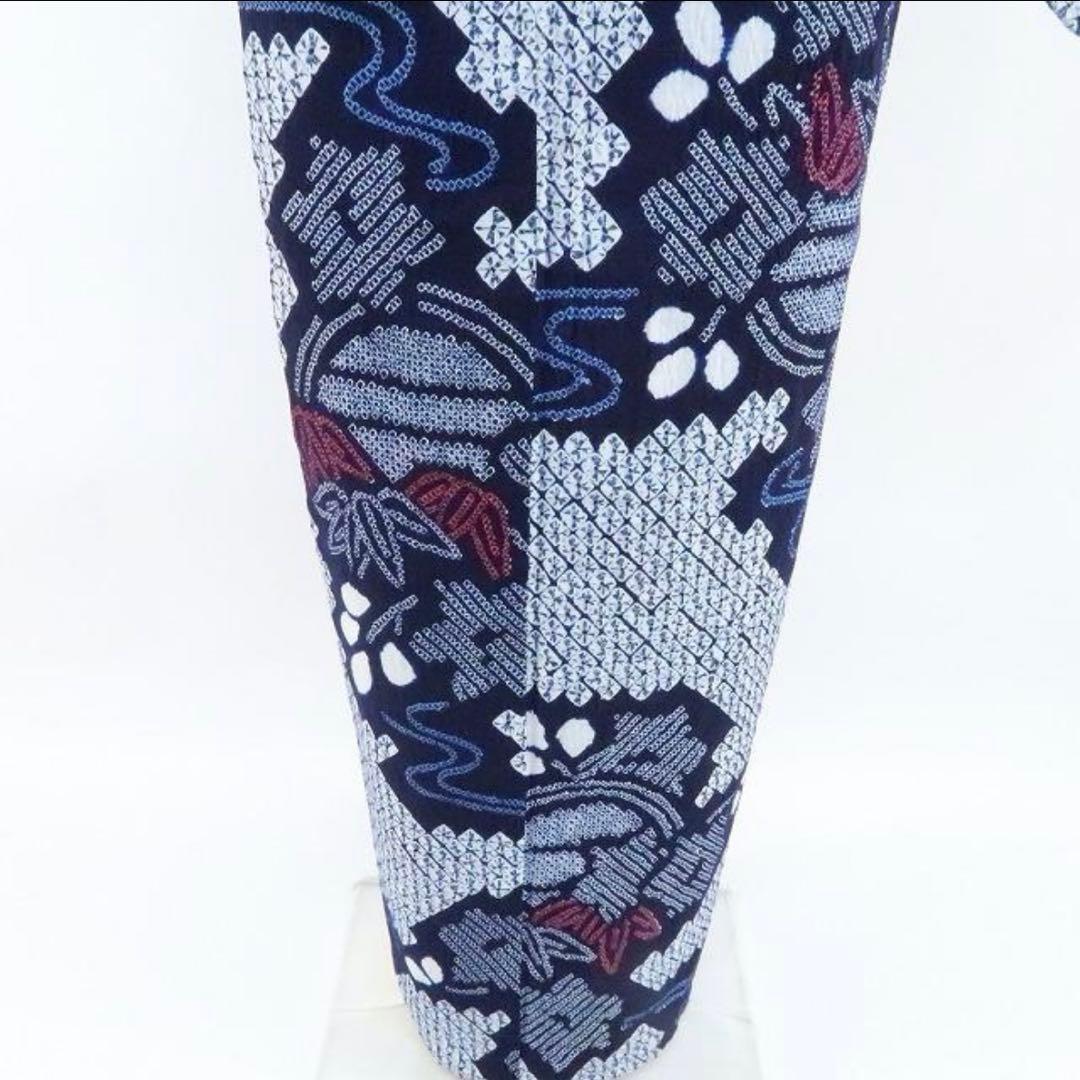 洗える夏着物 綿『ネイビーブルー×葉』トールサイズ 有松鳴海絞り 浴衣