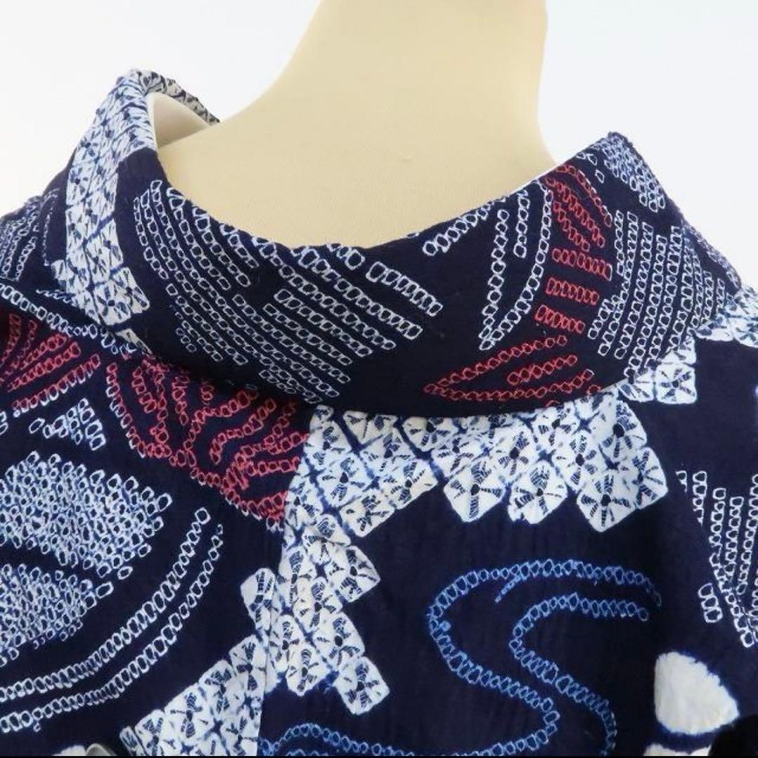 洗える夏着物 綿『ネイビーブルー×葉』トールサイズ 有松鳴海絞り 浴衣