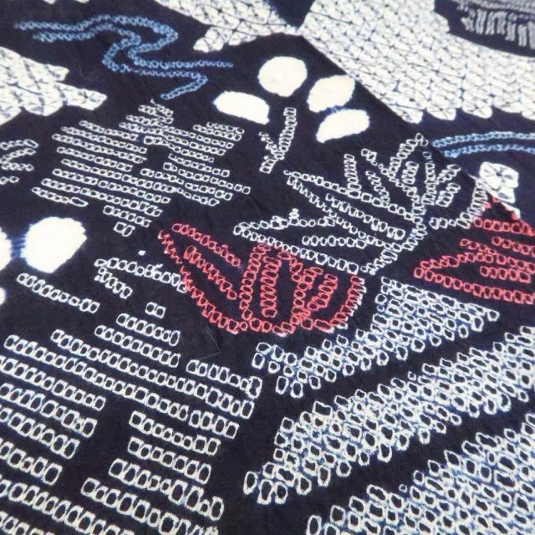 洗える夏着物 綿『ネイビーブルー×葉』トールサイズ 有松鳴海絞り 浴衣