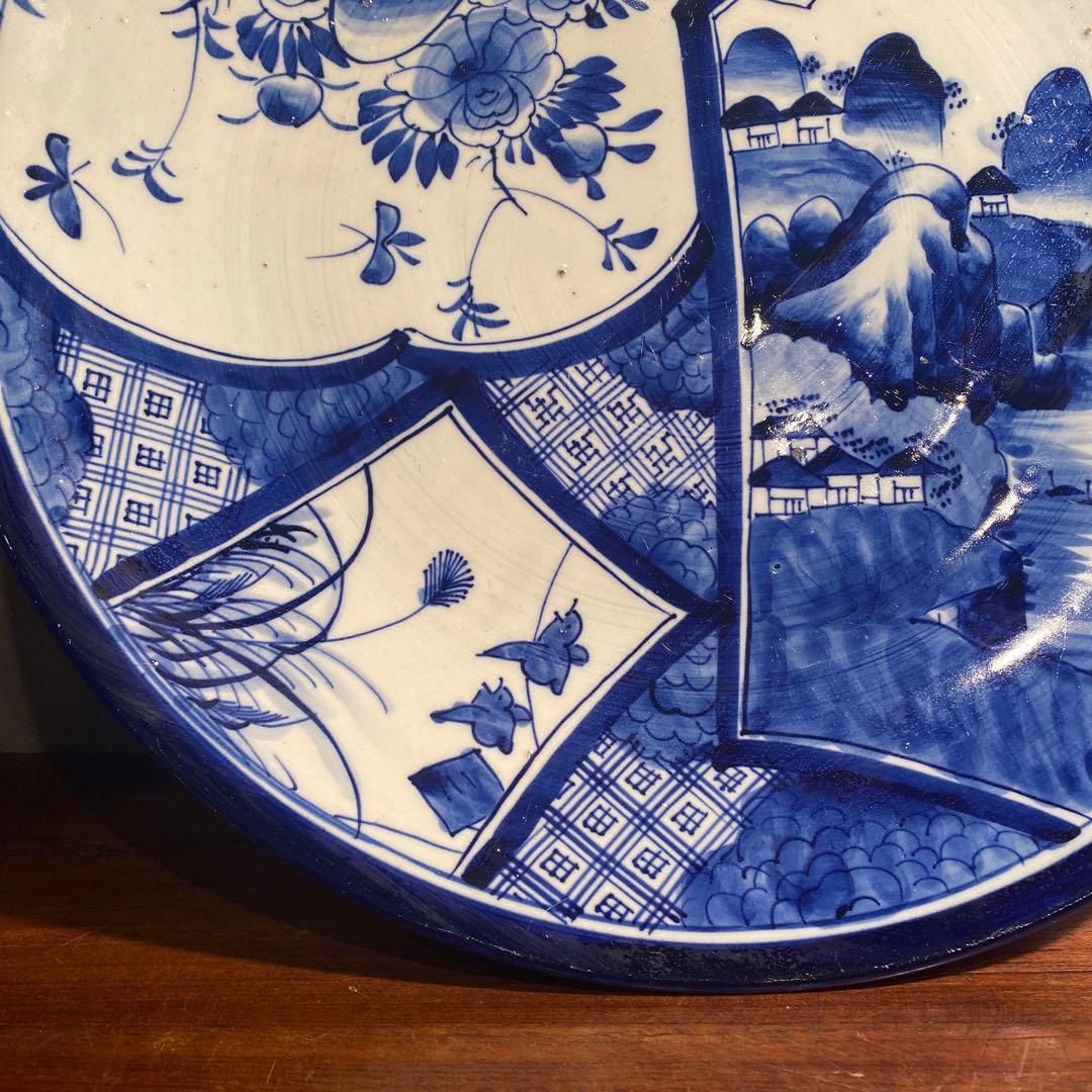 骨董品 古伊万里 40.5cm染付大皿 ベロ藍 山水画 花鳥文 江戸後期
