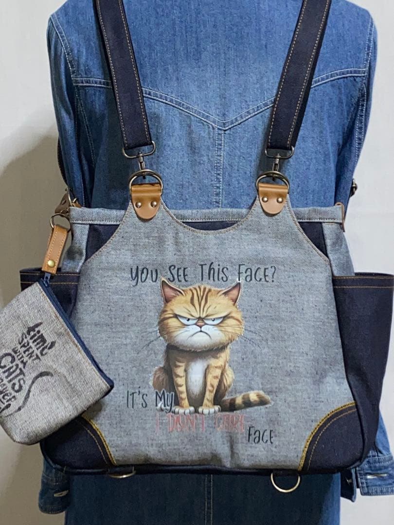 ☆岡山デニム☆悪ネコ☆トラ猫☆両面リュック対応☆4wayあおりバッグ