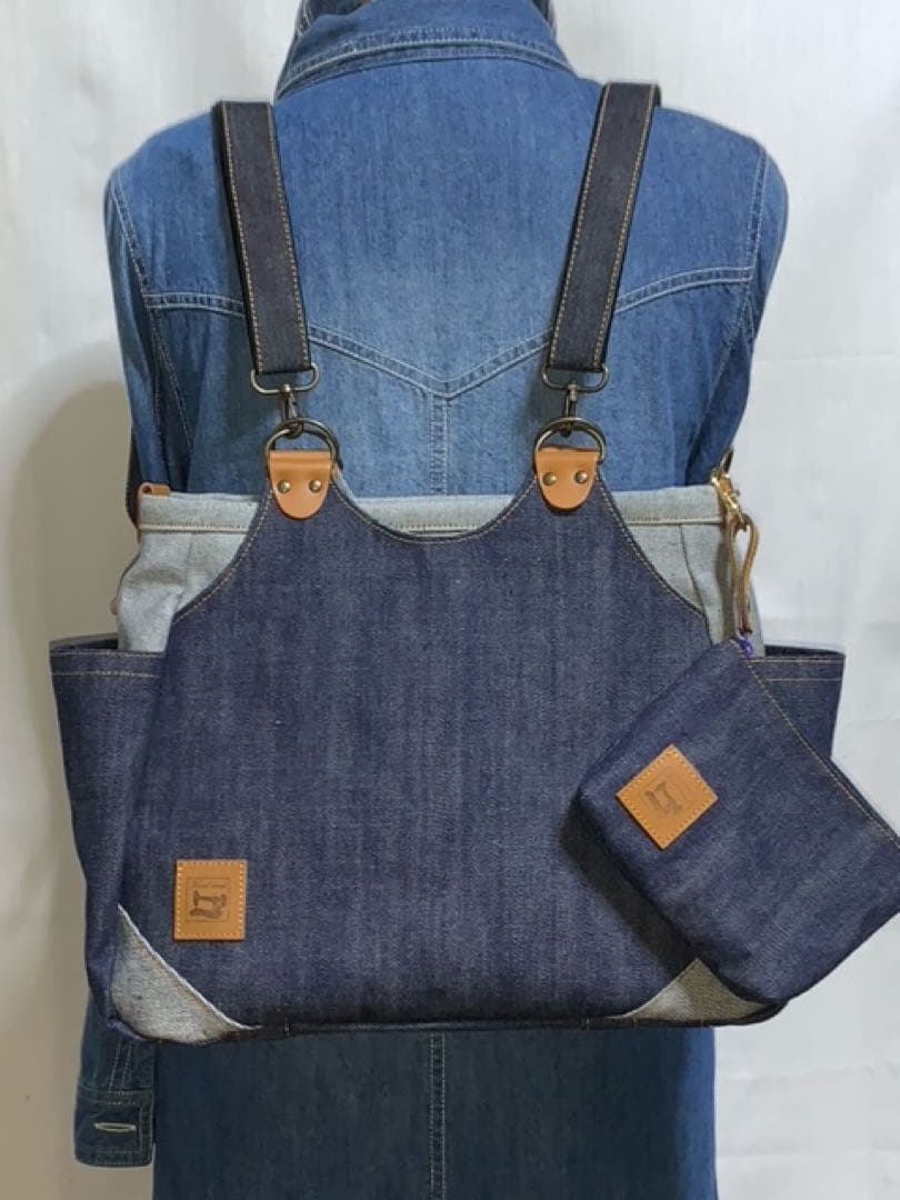 ☆ハンドメイド♪ ＊Mサイズ☆岡山デニム4way♪あおりバッグ☆ポーチ付き