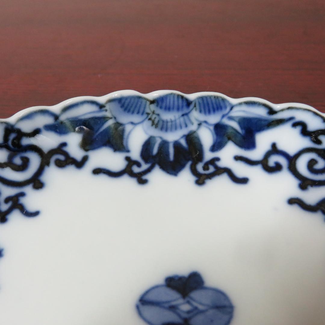 長丸皿 5枚 染付 花弁 唐草 明治 大正 ケンケン