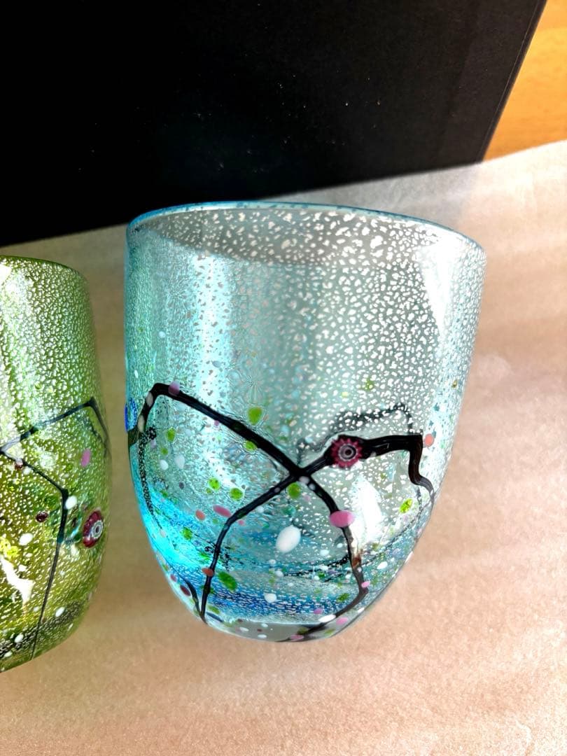 ガラスペアロックグラス★セット価格★若草色、水色★新品未使用、送料無料★