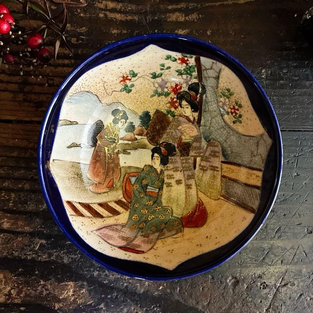 骨董　古薩摩　京薩摩　金光山　錦光山　瑠璃釉薬　精密美人画　茶碗　ボウル　１客