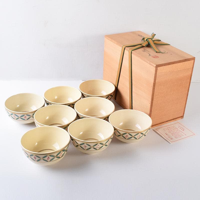 茶道具　京焼　杉田祥平造　色絵仁清　七宝干支図　茶碗　八客　共箱　MR7890B