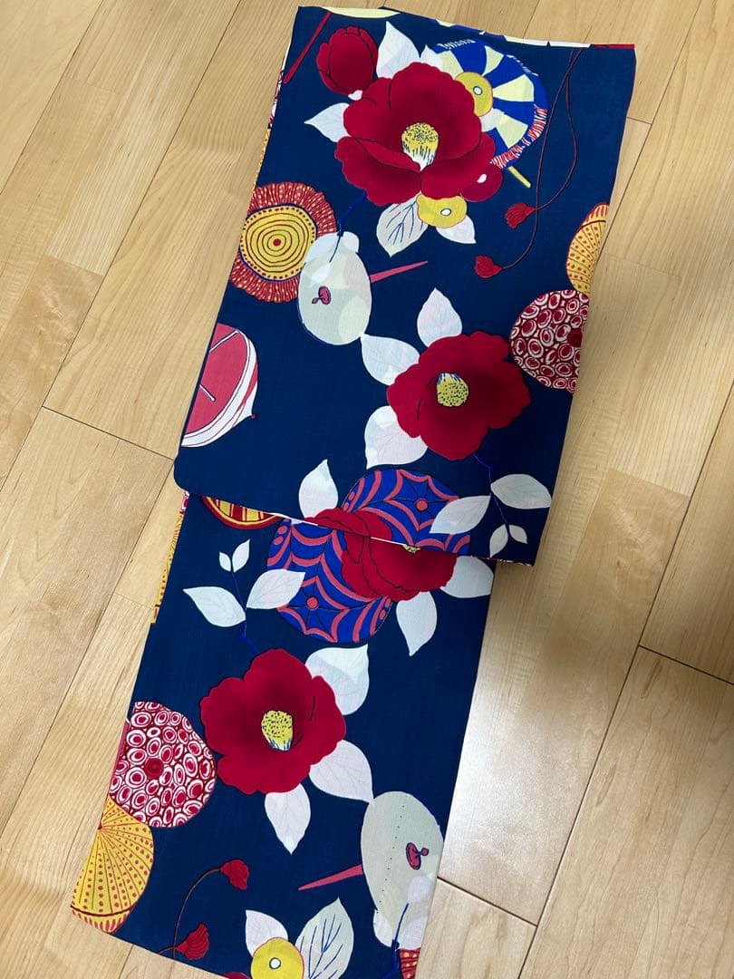 浴衣単品　ふりふ　花柄　椿　浴衣 紺色 ネイビー　セオアルファ
