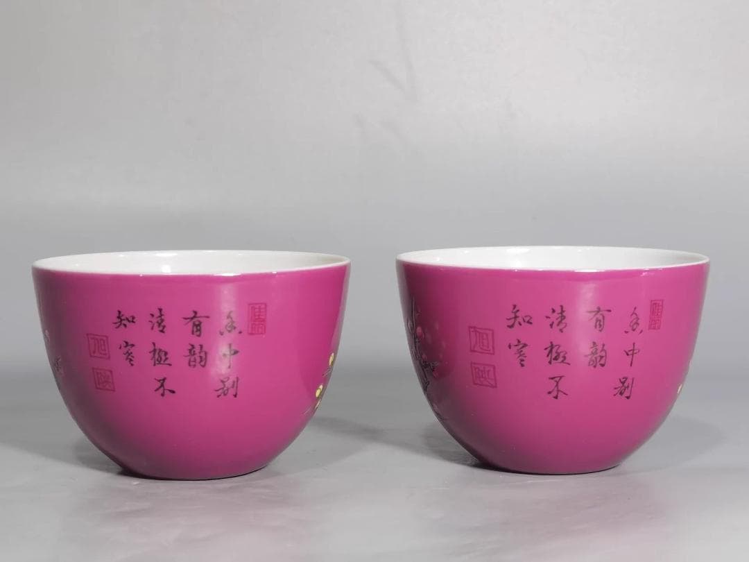 珐琅彩 胭脂紅地 梅花文 盃 一対｜陶磁器｜精巧作り