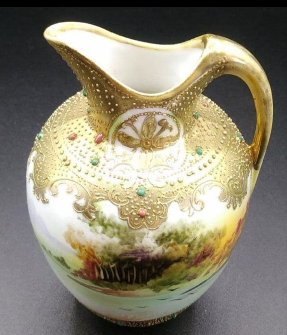 美*穂様 オールドノリタケ 金彩 メイプルリーフ エナメルビジューの美しい風景絵