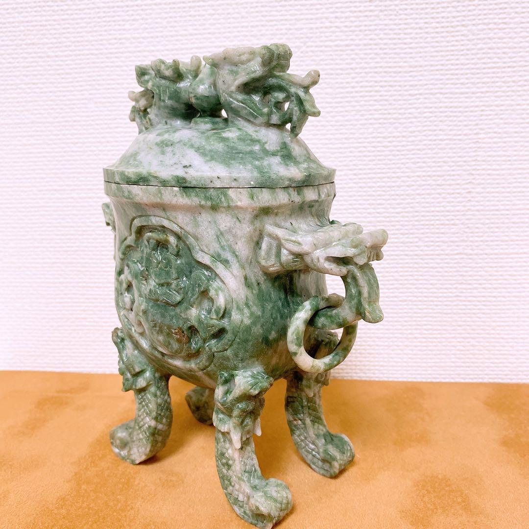 翡翠　置物 龍 彫刻 蓋付き 香炉 玉石 天然石 ヒスイ 砡 【985g】