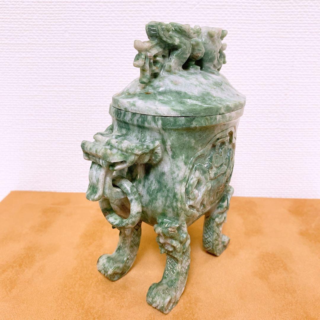翡翠　置物 龍 彫刻 蓋付き 香炉 玉石 天然石 ヒスイ 砡 【985g】