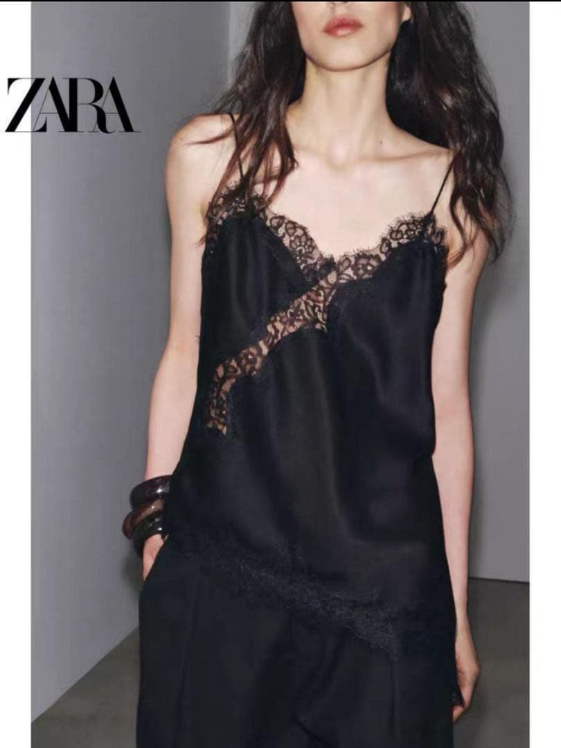 完売★ZARAレーストリムキャミソールトップスSサイズ★黒★新品タグ付フォロー割