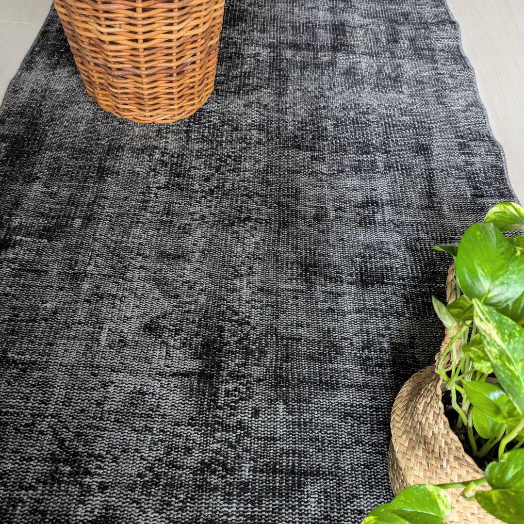 90×188 オーバーダイブラックグレーワンカラー　トルコヴィンテージラグ