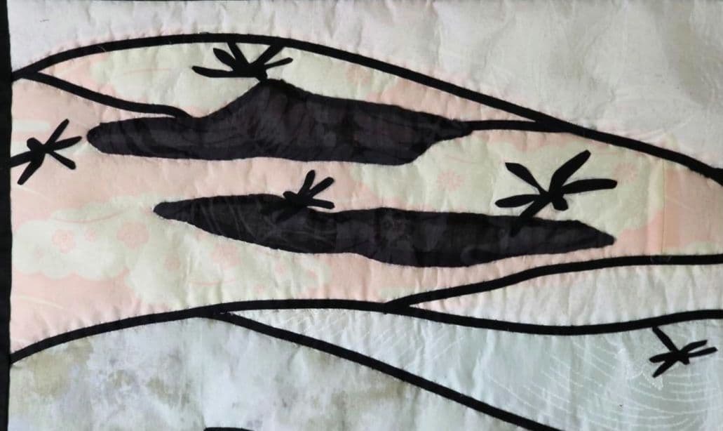 ハンドメイド ステンドグラスキルトタペストリー　猫とコスモス