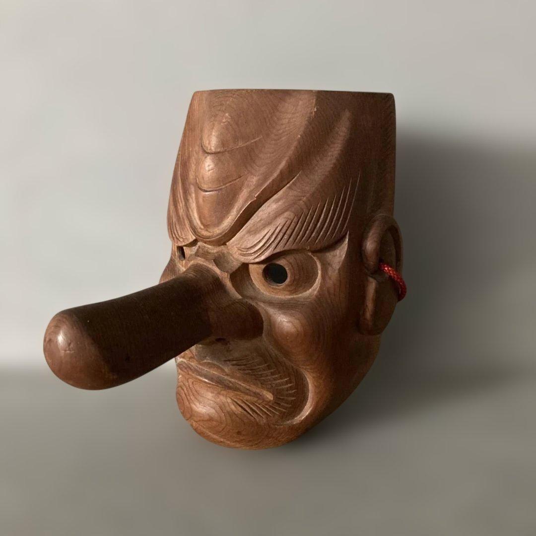 天狗　木彫一刀彫り　お面　天然木　壁掛　魔除　開運