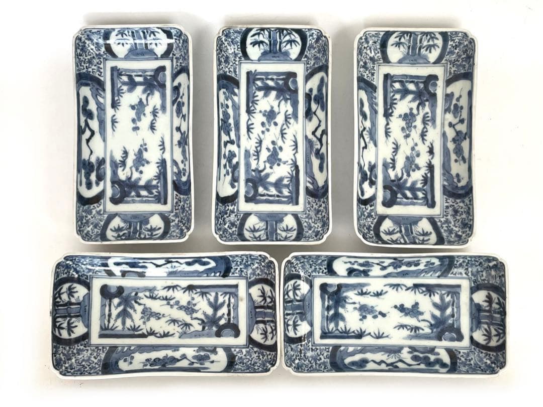 骨董　アンティーク　古伊万里　染付　松竹梅図　長方皿　長皿　鮎皿　向付