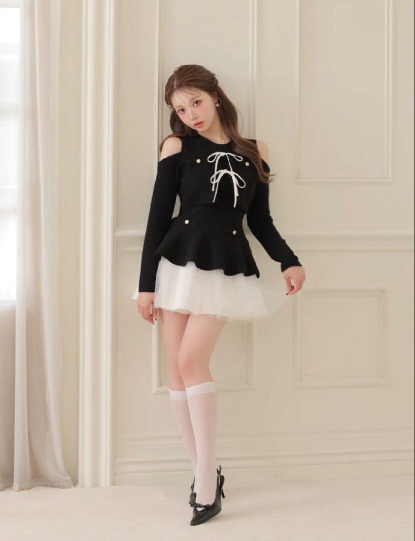 ワンピース M me eme Ribbon peplum tulle knit set