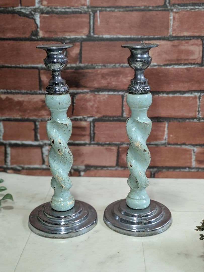 イギリス アンティーク 木製 キャンドルスタンド ペア