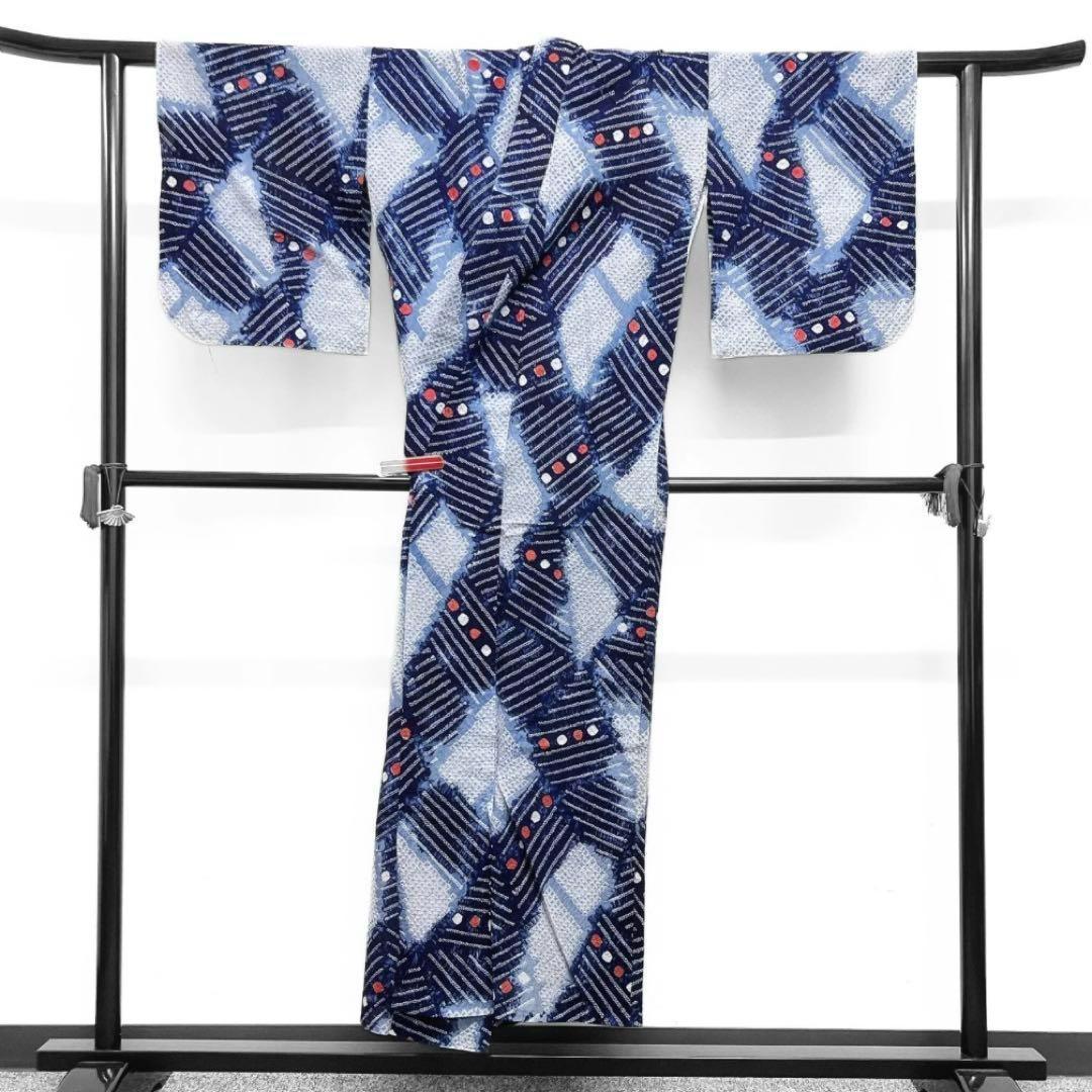 浴衣　有松鳴海絞り　ドット　変わり菱　縞模様　ブルー系着物　054w d