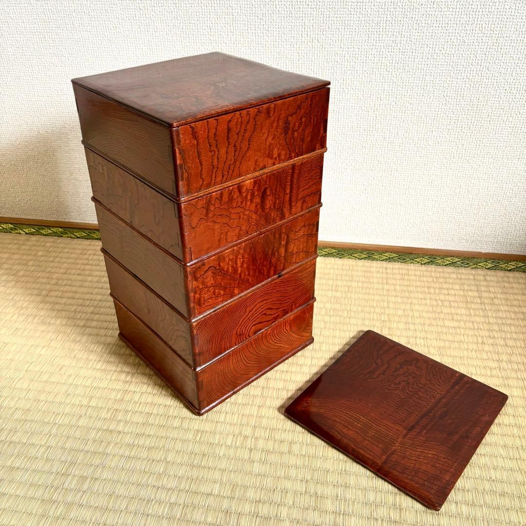 重箱　五段　木製　欅　古民芸　骨董　古美術　アンティーク　大正　昭和　工芸