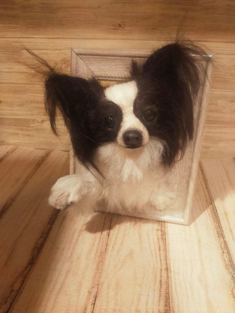 羊毛フェルト　ハンドメイド　犬　パピヨン　フレーム