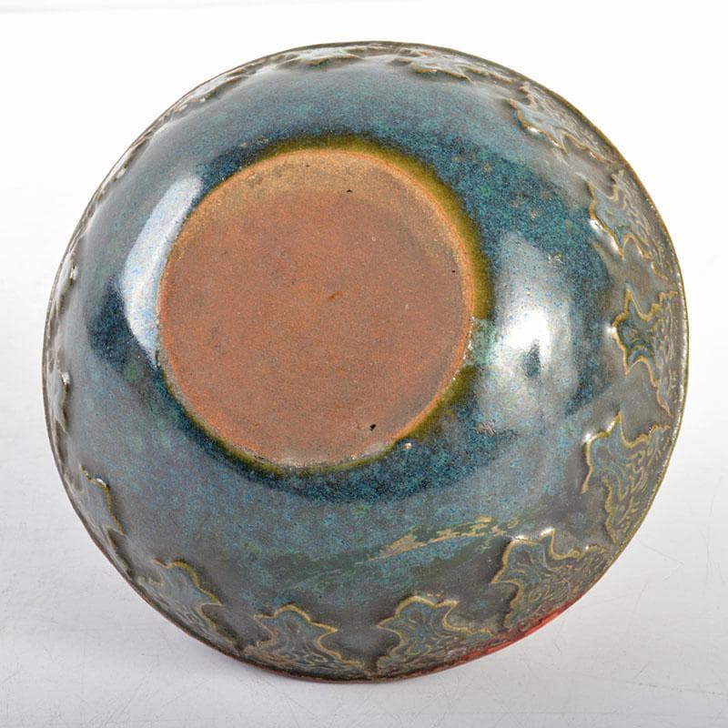 中国　陶堆朱朱泥海鼠釉　刻花文瓶　壷　桐箱付　M　R4805