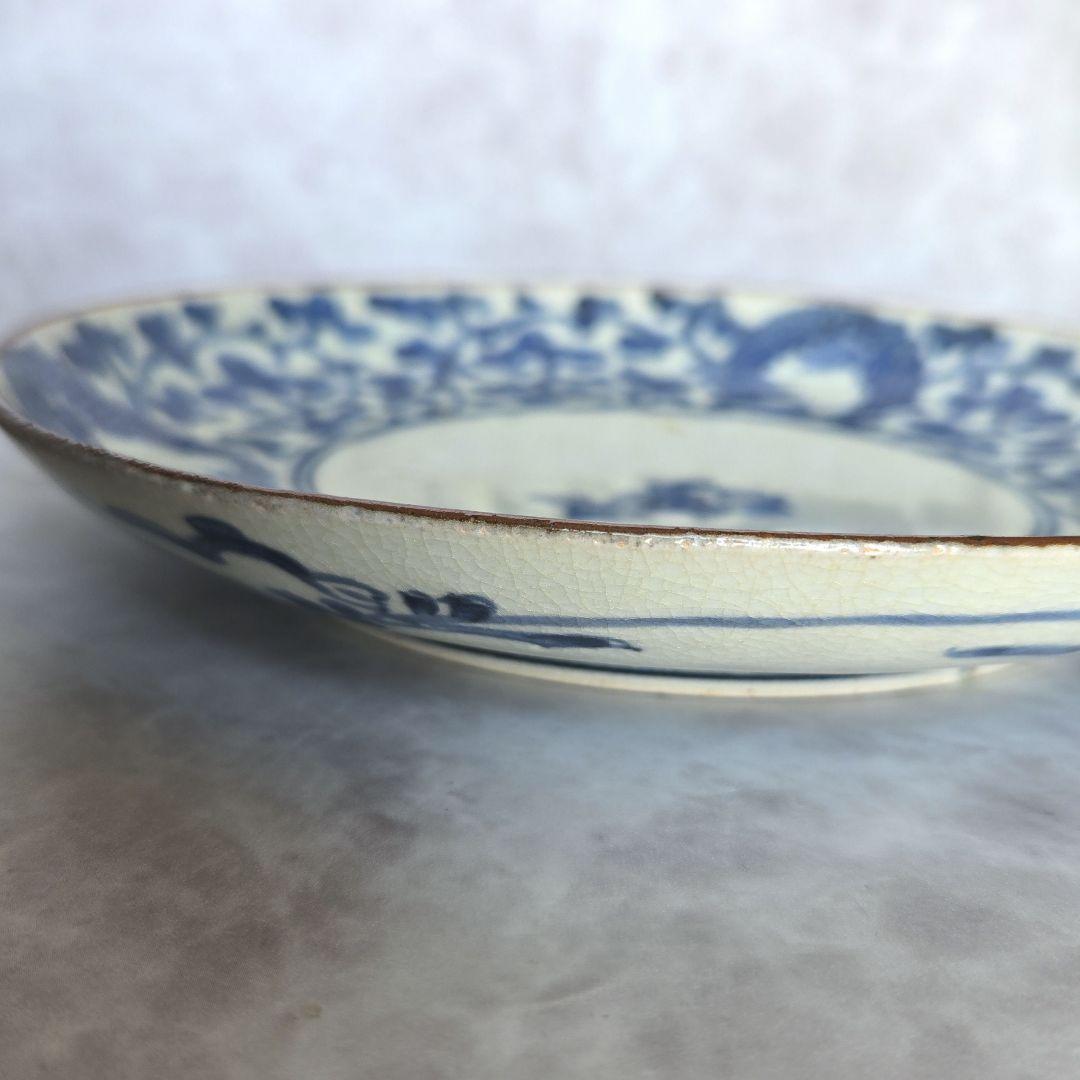 古伊万里　染付　七寸皿　江戸時代　蛸唐草　コンニャク印判　龍　骨董　金継ぎ