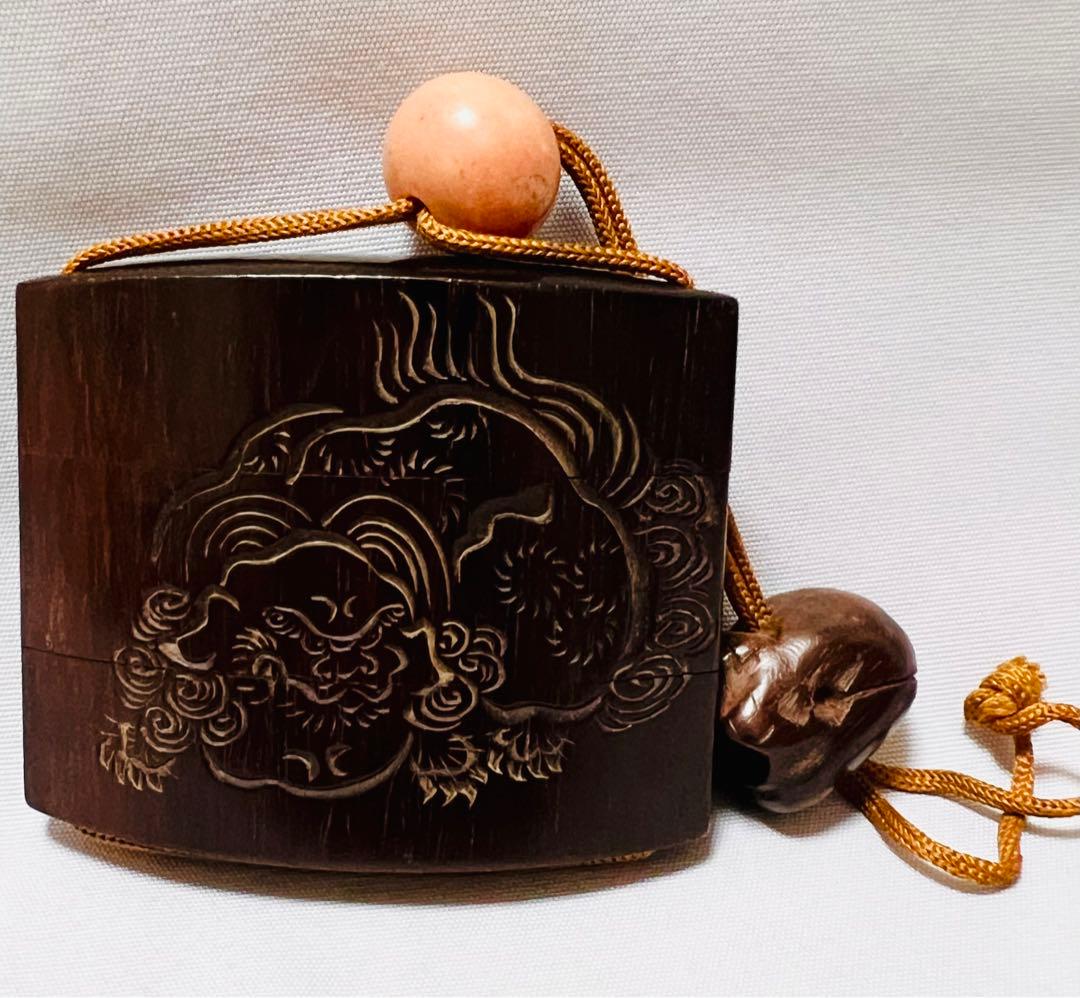 英一蝶画 如泉刻 唐獅子刻 印籠 木製