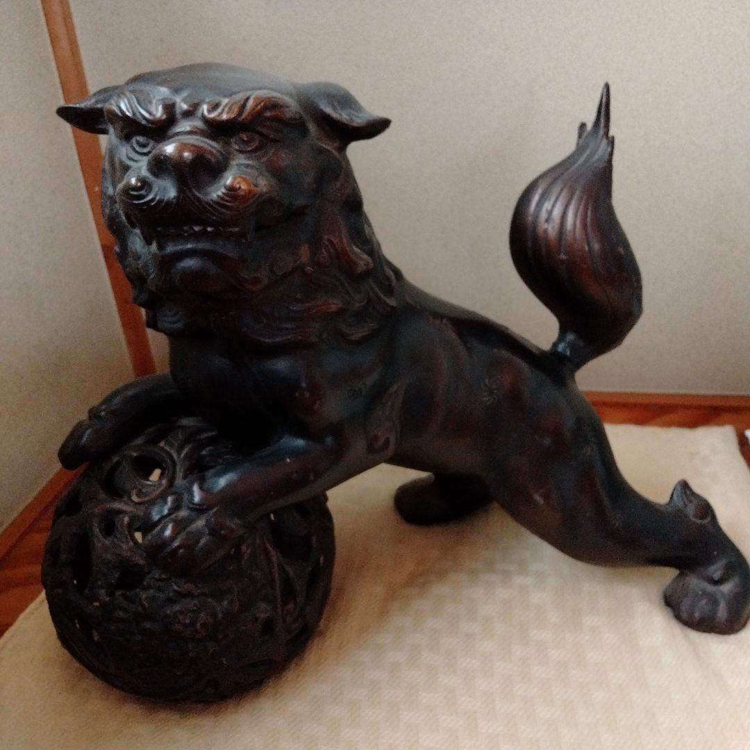 【魔除け金属製玉獅子】在銘吉祥瑞獣縁起物風水置物古くから邪気払い福呼よせ運気上げ