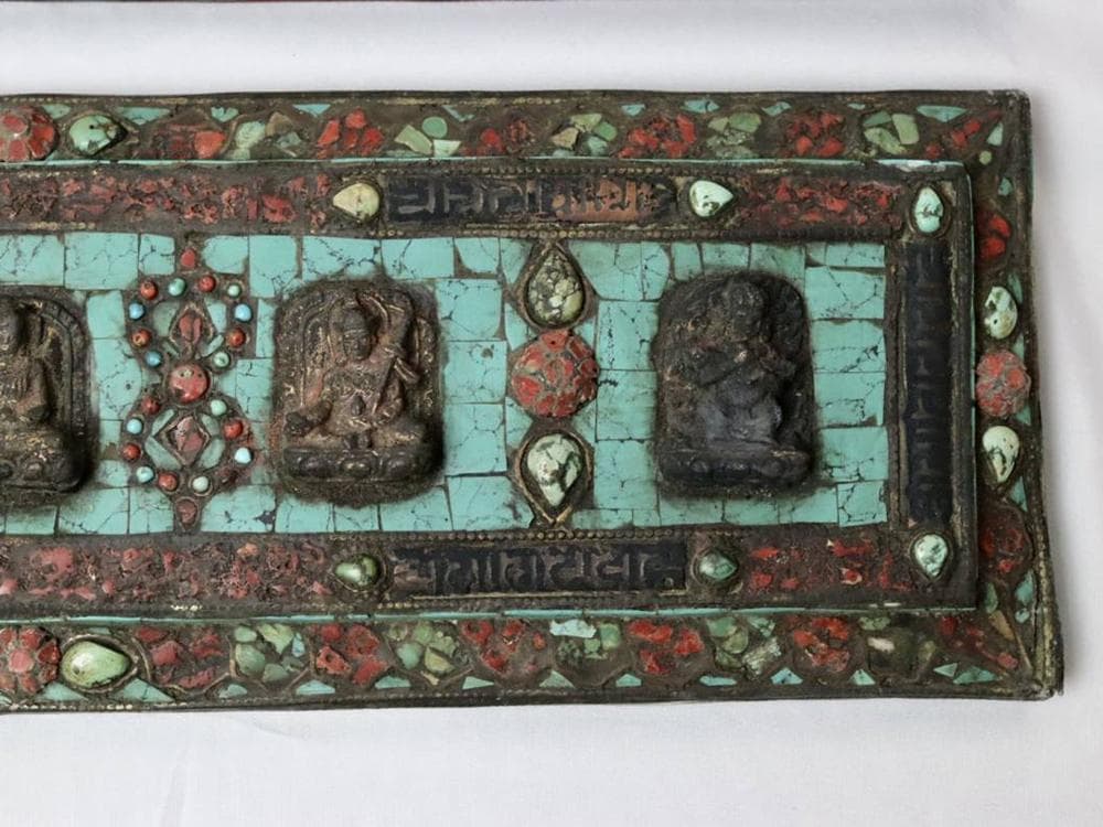 【仏】　★ 仏教 嵌松石護経板 ★　清朝期　仏像 経文 彫刻文様　雅玩雑項