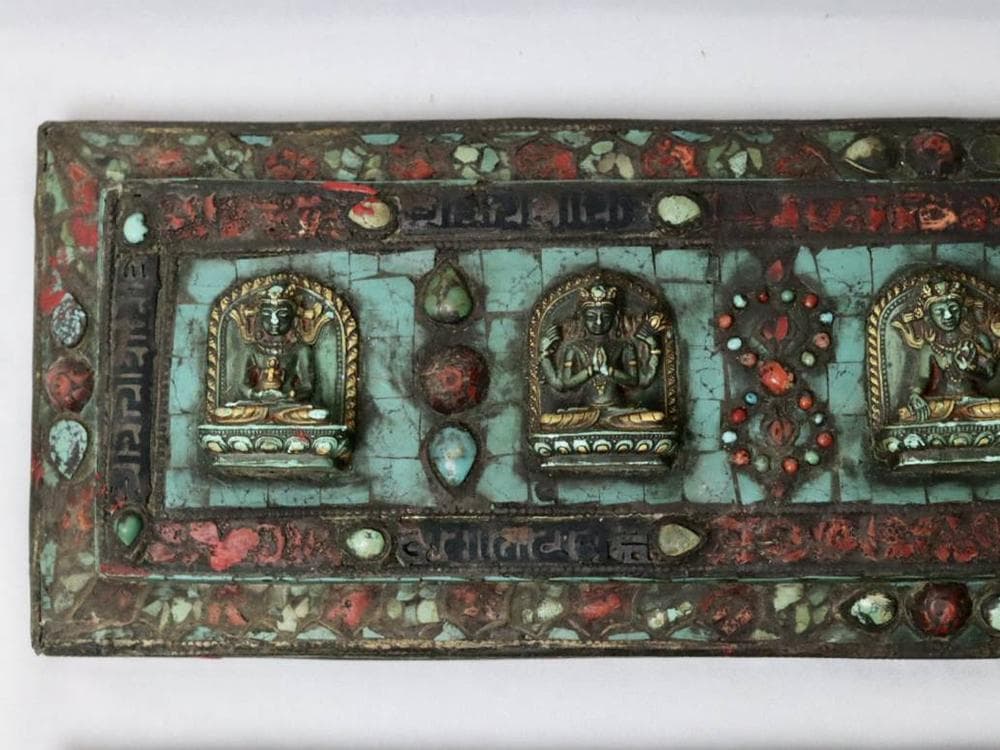 【仏】　★ 仏教 嵌松石護経板 ★　清朝期　仏像 経文 彫刻文様　雅玩雑項