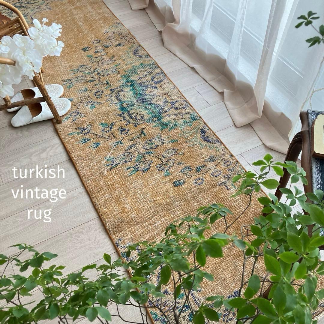 超ロング✳︎57×223 貴重カラー　イエロー　ランナー　トルコヴィンテージラグ