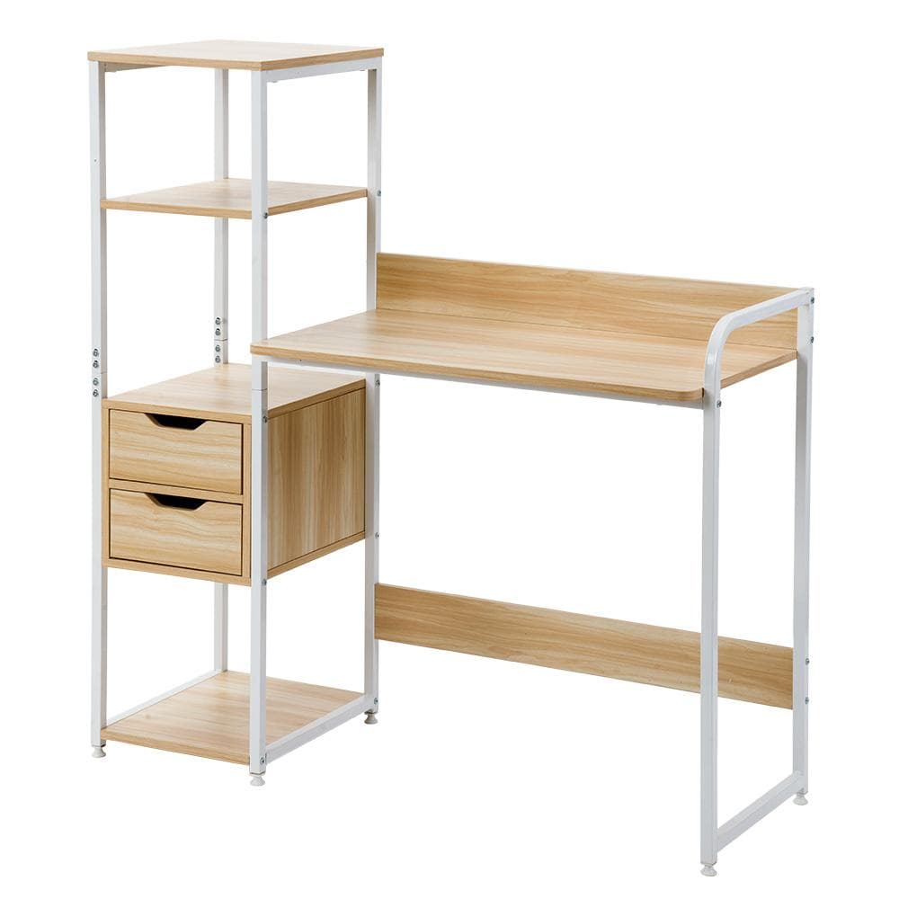 ナチュラル】パソコンデスク 引き出し付き　3段シェルフ付 パソコンデスク 木製
