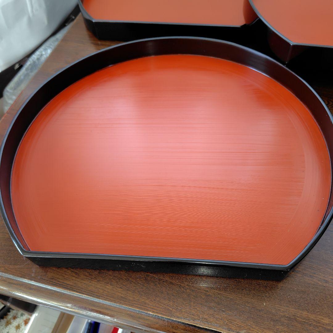 漆器 半円形深膳 5枚セット 朱色と黒　レトロ