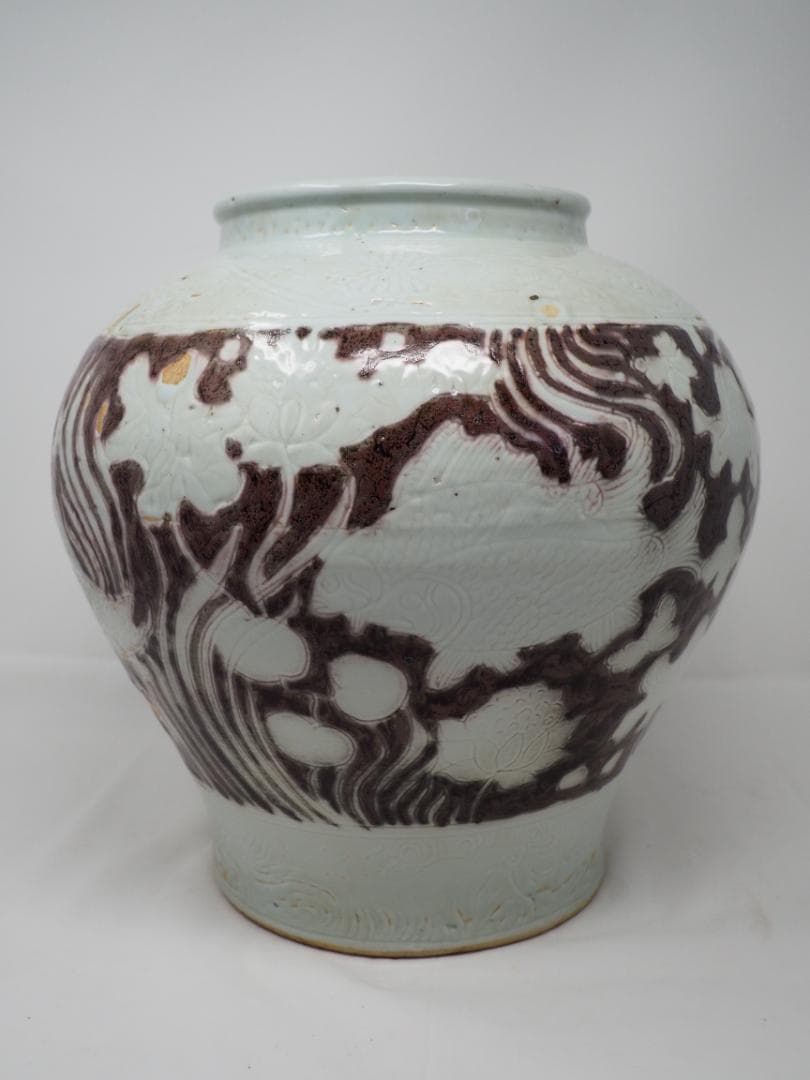 辰砂鉄砂　魚藻文　花瓶　壷　-SO