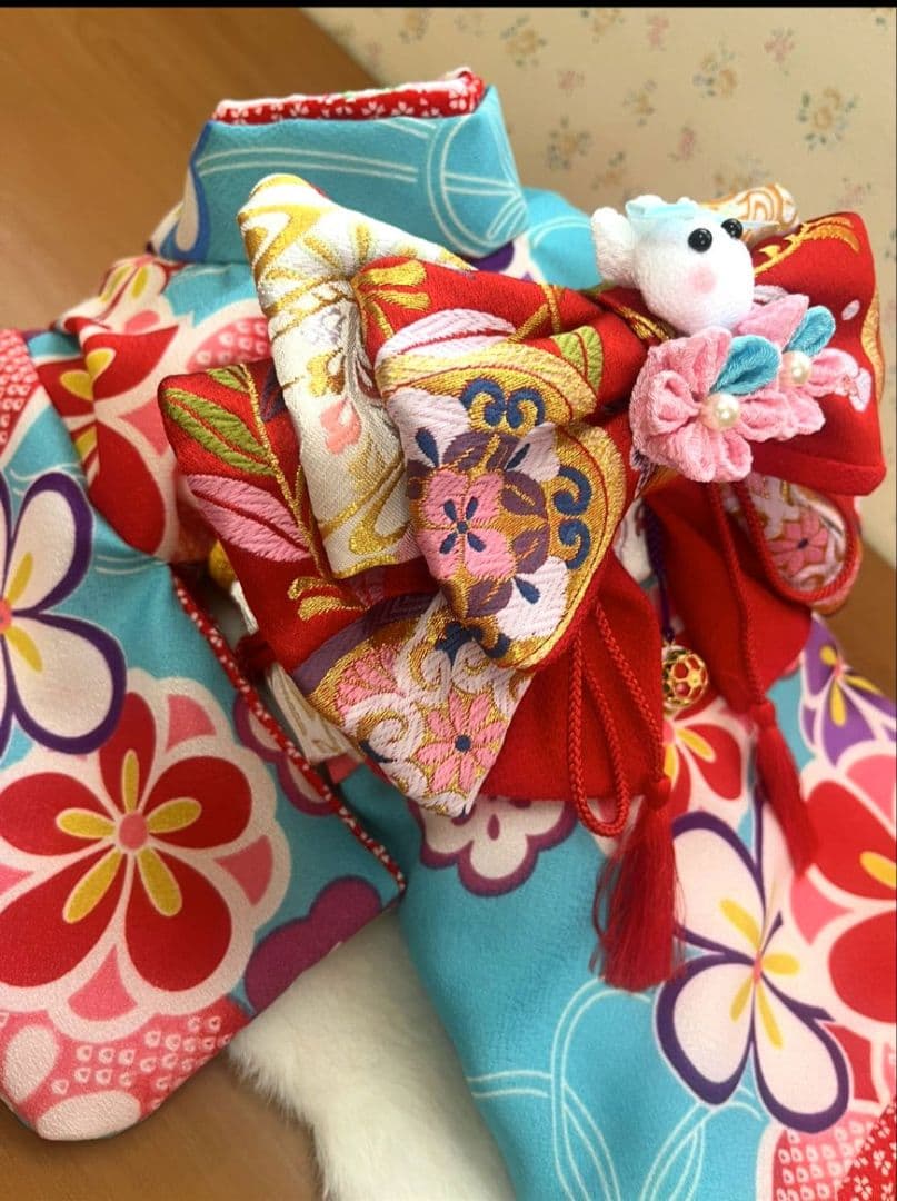 .‎˖٭*花柄水色犬用着物.‎˖٭*　犬服　犬服用お着物