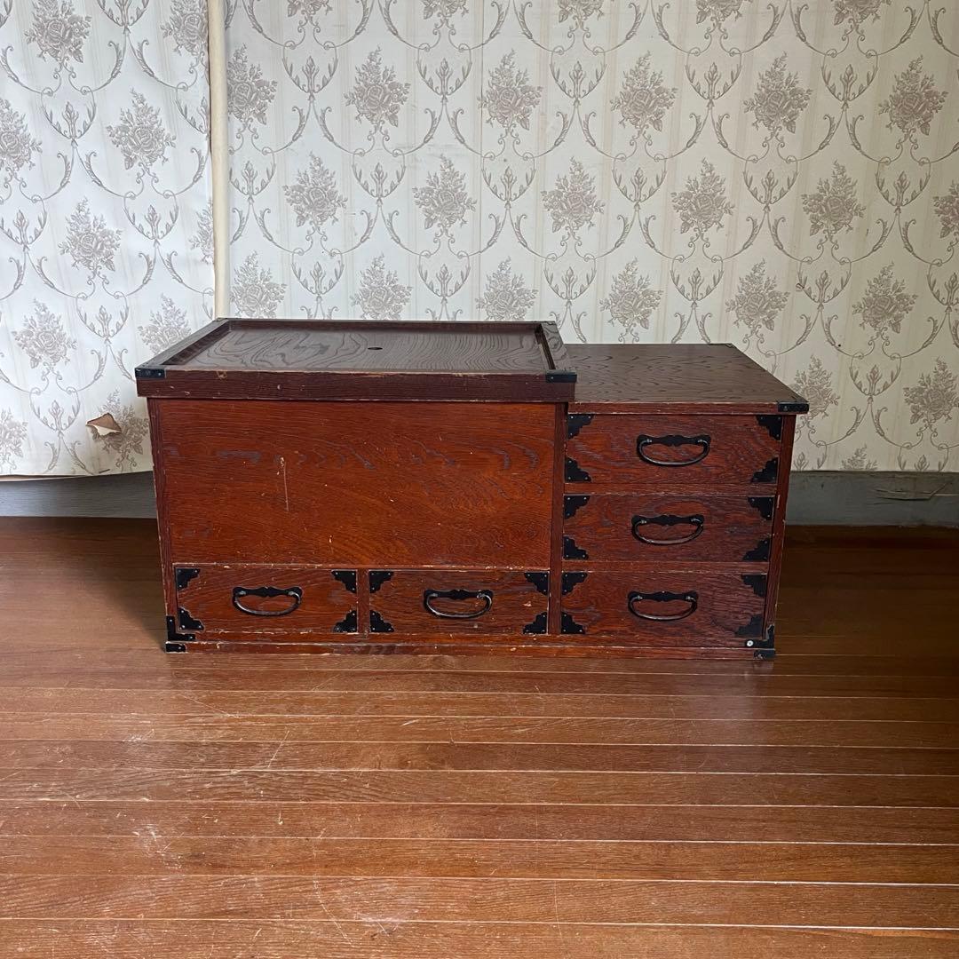 【アンティーク】昭和レトロ 木製 関東火鉢 長火鉢 引き出し付 囲炉裏 古道具