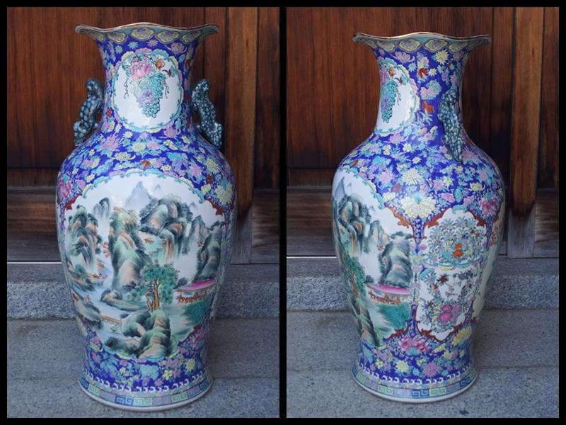 超特大型 景徳鎮製 粉彩色絵窓絵『山水風景孔雀牡丹祥瑞文』飾り壺花瓶高79cm