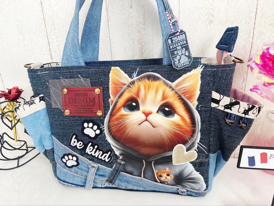 デニムリメイクバックS パールデニム×猫