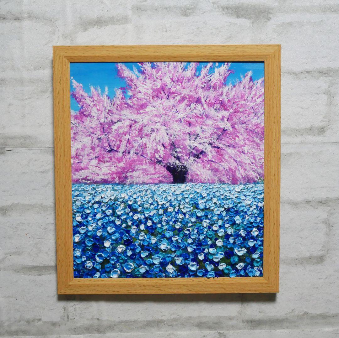 油絵 油彩 油彩画 絵 絵画【桜とネモフィラ】
