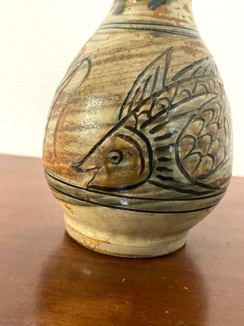【窯キズあり】金城次郎 海老魚文花瓶 壺屋焼 沖縄 焼物 やちむん 金継ぎ