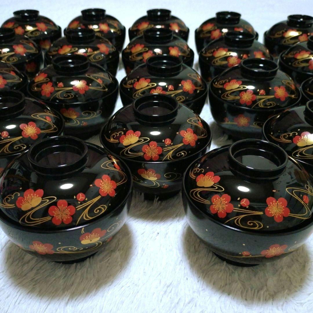 新品✬会津塗り　お吸い物椀蓋付き　流れ梅20客　漆器　桐箱入り