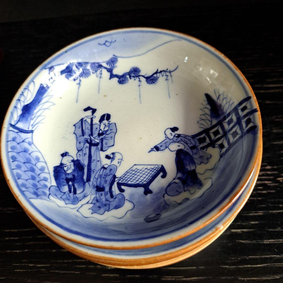 古伊万里　江戸中　 成化年製　小鉢 　人物囲碁図　縁朱 五客揃　極上