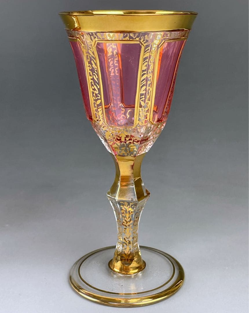 ボヘミア パネルグラス ２個セット クランベリー被せ ワイングラス クサック