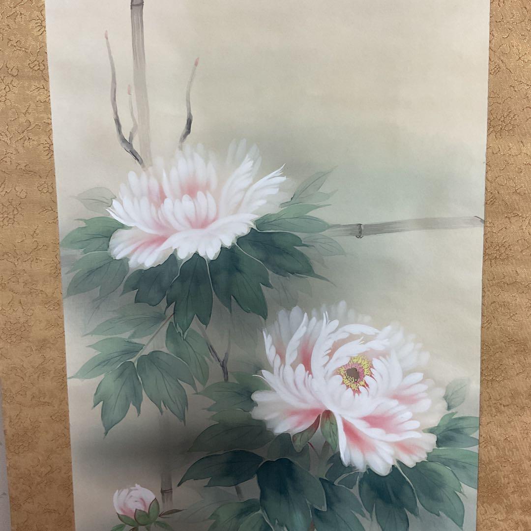 大幹筆 絹本花鳥画 《 ボタン之図 》 彩色画 収納箱在